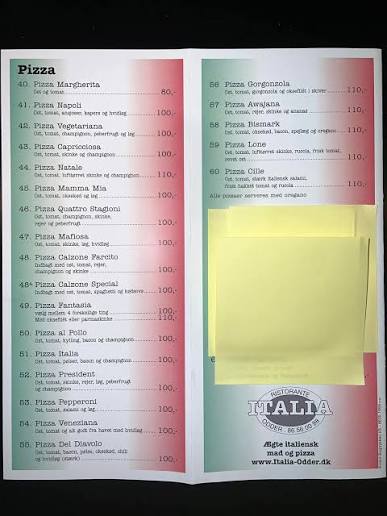 Restaurant Italias trykte menukort med pizzalisten